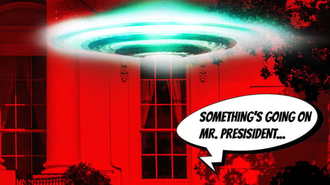 A green UFO flying in a red white house room with a sceptical speech bubble.