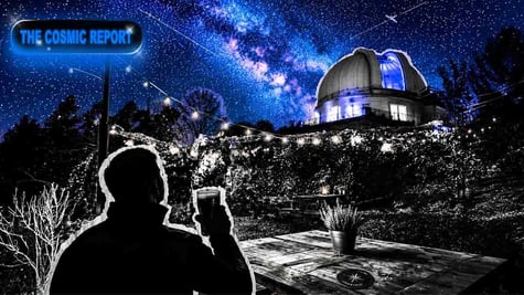A star observer drinking a pint in a silhouetted pub garden.