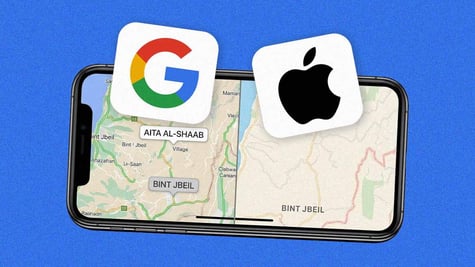 A split-screen of Google and Apple maps in mapping southern Lebanon.