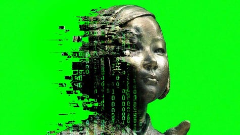 A glitched version of the South Korean peace statue.