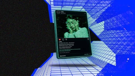 Smartphone social feed with  ad overlays, skyscrapers, turning into glitching deepfake faces