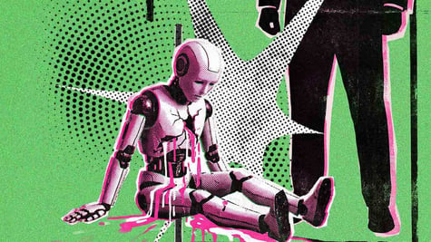 white ai bot sit on floor next to man's black suit pants, green background, textured star, green