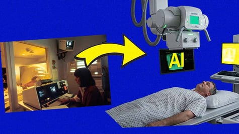 Patient undergoing a scan, radiologist analyzing it, letters "AI" in the middle