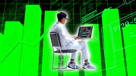 man in white outfit if front of laptop, lime green polls, investment, numbers