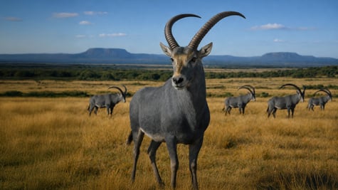 an antelope in the savanah with four other similar looking antilopes, blue-greyish fur, long horns