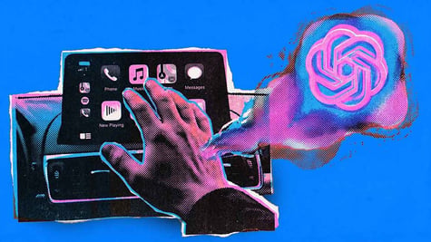 Hands on the phone screen and ChatGPT speech bubbles emerging while driving.