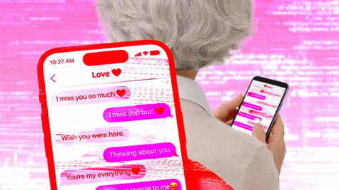 An elderly lady stuck on a romantic scam chat on her cell phone.