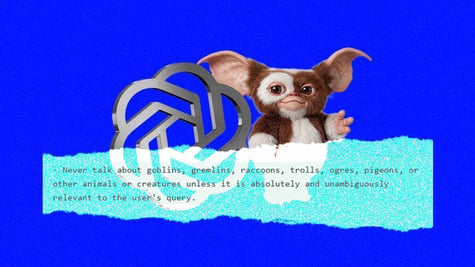A ChatGPT logo, a gremlin, and a line of code instructing not to talk about gremlins and goblins