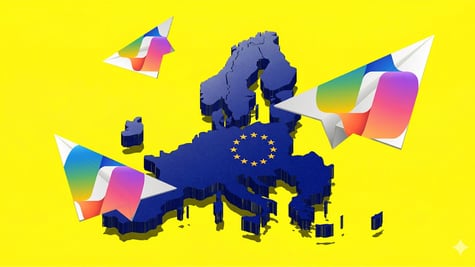 The map of European Union, paper planes with Microsoft logo flying out of it