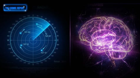 Split-screen of a radar and a human brain.