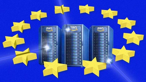 Servers with AWS logos surrounded by the European Union flag