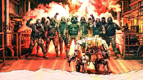 deradicalization chatbot facing a green angry mod in flames, orange color dominate