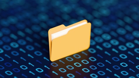yellow folder, white paper inside, icon, digital numbers, binary code, light blue numbers,