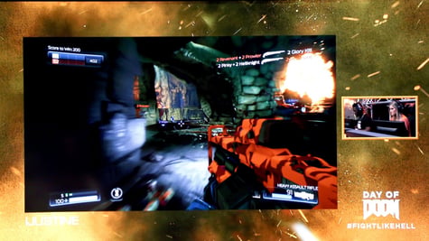 doom screen, gun shooting, blasts, two people on the right playing,