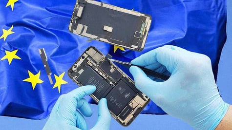 Two hands wearing gloves are repairing a phone, the EU flag on the background