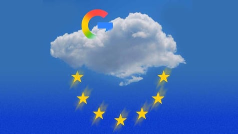 A cloud in a blue sky, fragments of the EU flag under it, and a Google logo behind it
