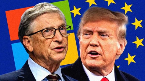 Bill Gates and Microsoft logo behind him next to Donald Trump, the EU flag on the background