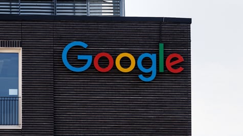 The Google logo and lettering can be seen on the façade of the company's Munich headquarters