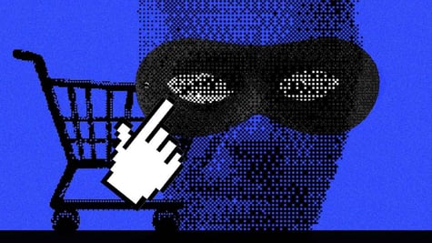  Jeffrey Epstein face in blue, black burglar mask, computer mouse white hand, shopping cart