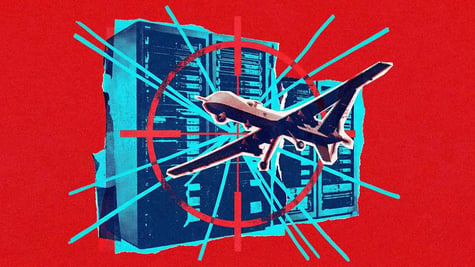 An Iranian drone-bomber flying near a big US big tech corporate building.