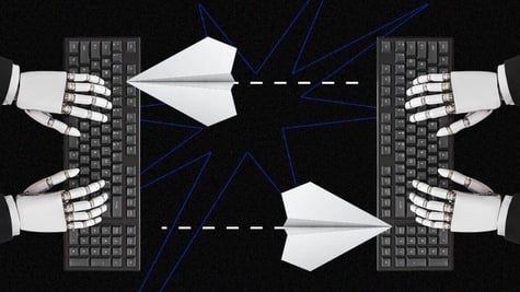 human hands on two keyboards sending paper planes to each other, black and white.