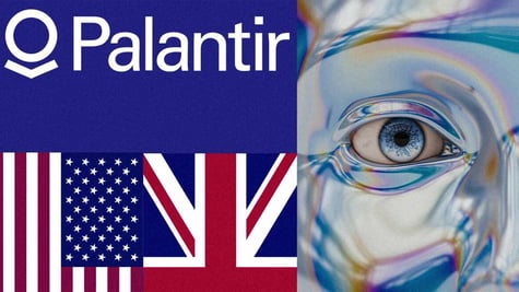 Palantir logo, US and UK flags, artificial intelligence (AI)