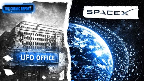 A split screen of a broken UFO office (retro) and an overload of Space X satellites (futuristic).