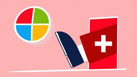 A leg with Swiss flag motives is kicking a ball with Microsoft logo on it