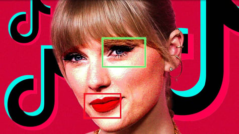 A deepfake of Taylor Swift and multiple TikTok logos on the background