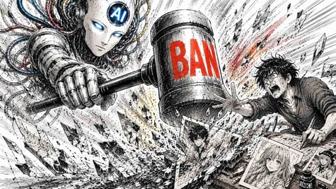 Manga style depiction of Ai hammering down on artistic rights.