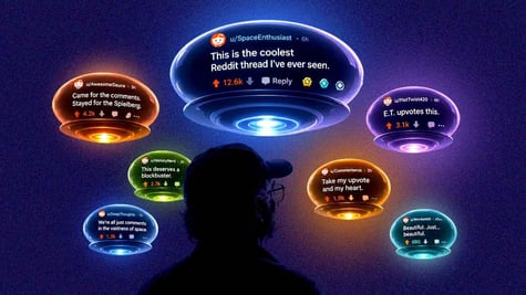 The silhouette of Spielberg and UFO Reddit speech bubbles.