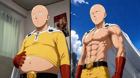 A split-screen of Saitama from One Punch man with a belly, and the other more muscular.