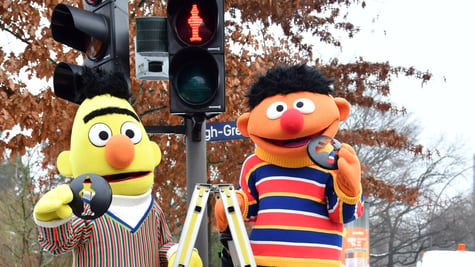 Ernie, Bert, black traffic light, red traffic light, yellow and orange muppet, black hair, brown tree