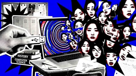 Deepfaked images of Korean teachers coming out of a USB stick.