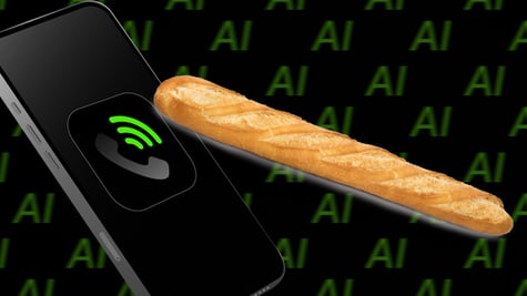 A smartphone making a call, a baguette