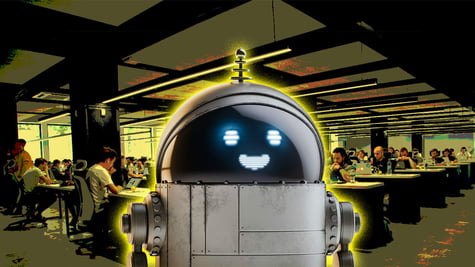grey chatbot, round black head, office workers