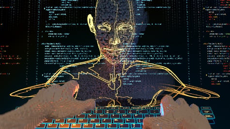 animated white human hands on digital keyboard, human head made of numbers, lines of code
