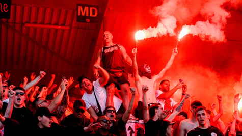 ajax football clb fans, men, red light, red steam, bald man, crowd hands up
