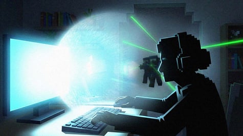 A silhouette of a grandmother with a SWAT crew coming in, Minecraft style.