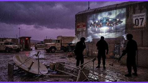 Silhouetted soldiers at the checkpoint.