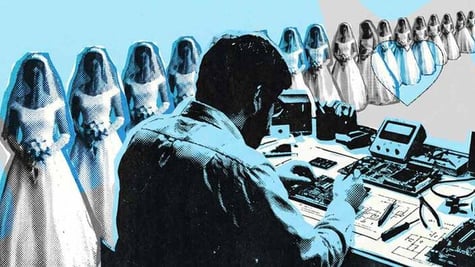 Chip engineer, long line of brides in white dresses, baby blue background