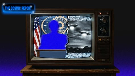 Half a TV screen of a president silhouette, and half of a UFO.