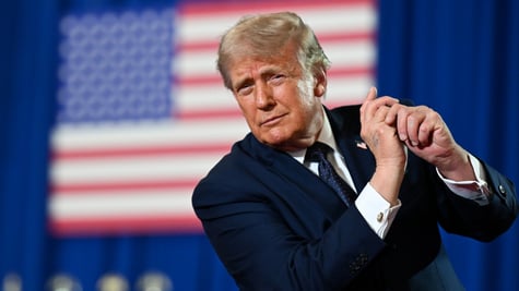 donald trump, dance moves, blurry USA flag, red and white stripes, white stars, 