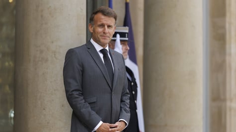 emmanuel macron, grey suit, white shirt, dark tie, 