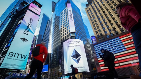 new york times square, ethereum signage, tall buildings, usa flag, people walking, clear blue sky
