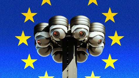 Multiple surveillance cameras on a pole, surrounded by stars from the EU flag
