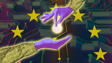 A hand in gloves giving a coin to another hand, stars of the EU flag