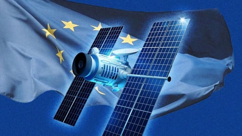 A satellite; a flag of the European Union