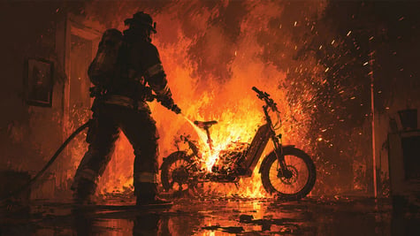 A firefighter putting out a blaze of an ebike.