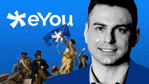 eYou logo, the platform's cofounder Gregoire Vigroux, figures from Renaissance paintings